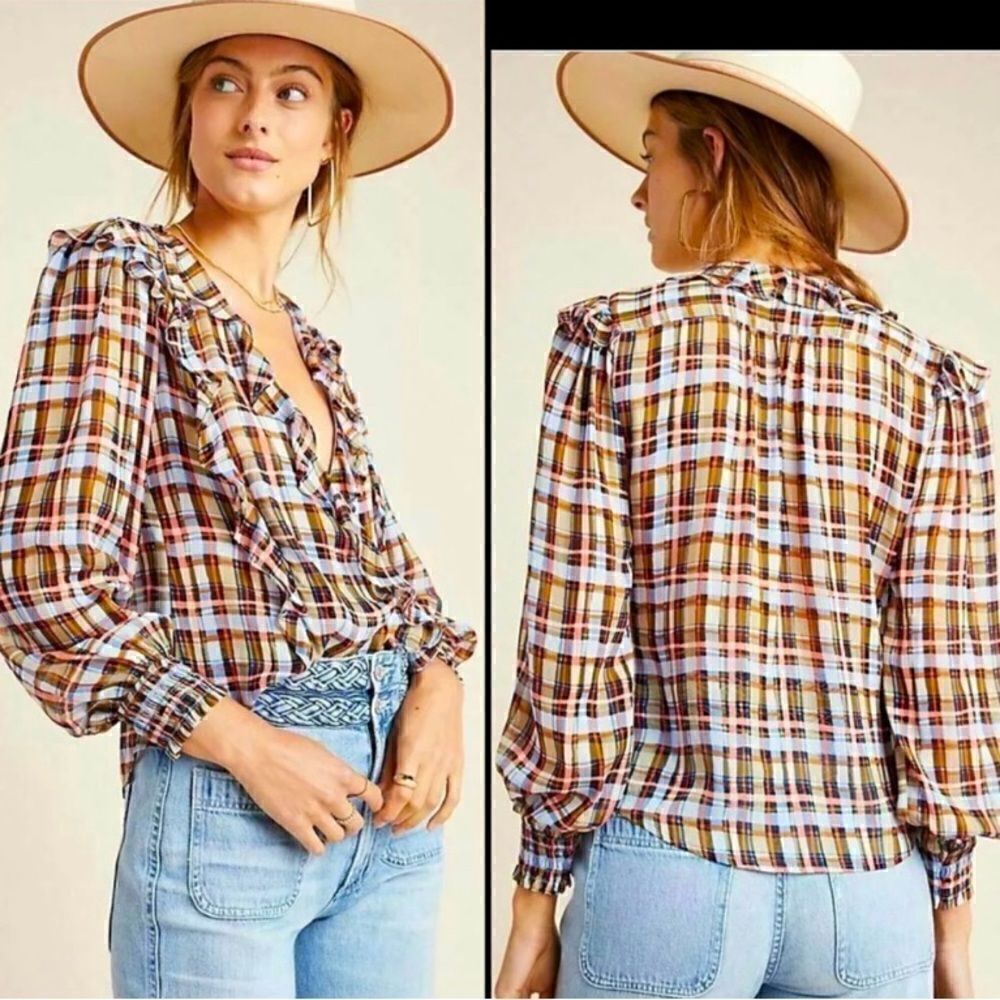 Maeve by Anthropologie Plaid Ruffle Long Sleeve
Blouse Top